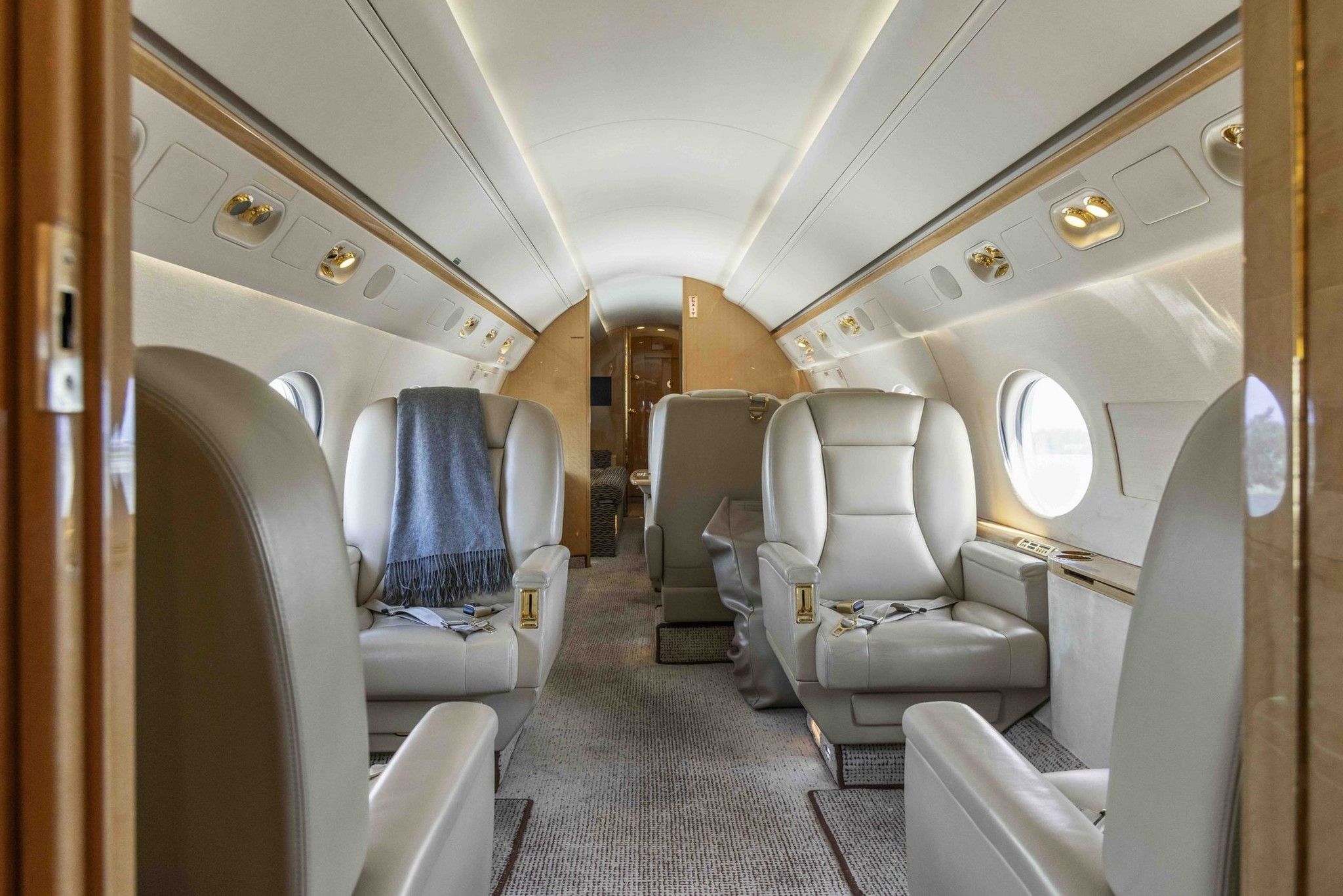 Private jet cabin interior with leather seats