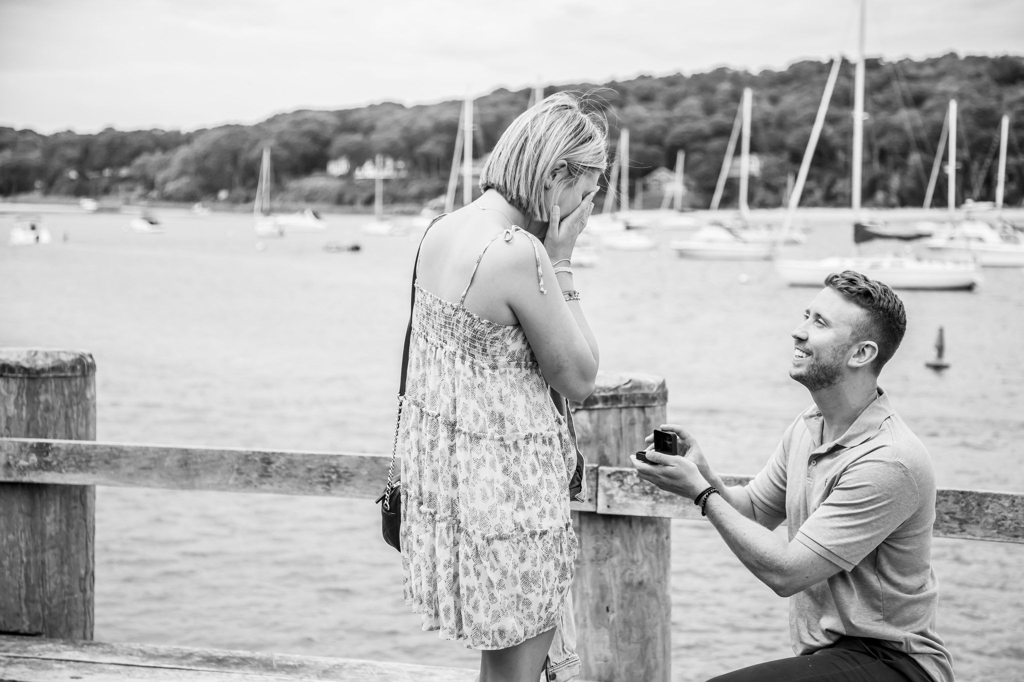 Black and white proposal at the marina